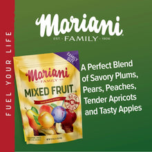 Mariani mixed fruit pouch with plum, pear, peach, apricot, and apple blend callout.