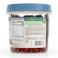 Sun-dried goji berries tub with nutrition facts panel and barcode on back