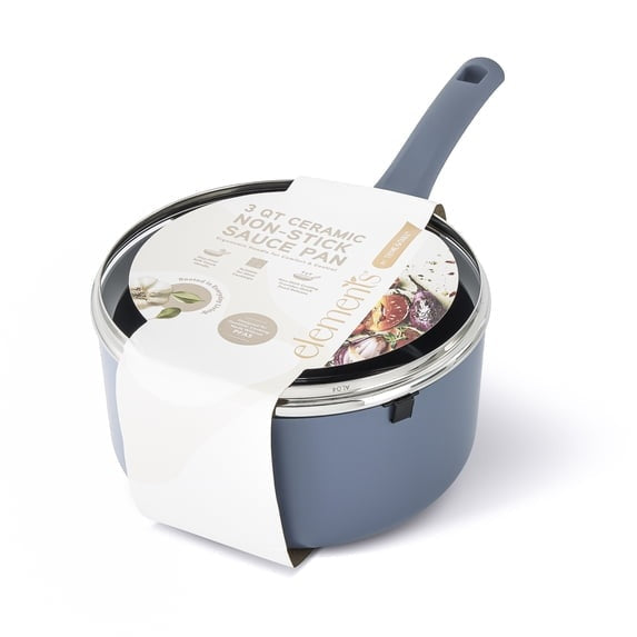 Blue ceramic non-stick 3 qt sauce pan in retail packaging with lid