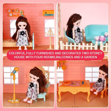 Two-story dollhouse with furnished interior rooms and doll figures