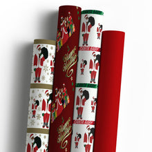 Four rolls of holiday wrapping paper with Santa and gift designs in assorted colors.
