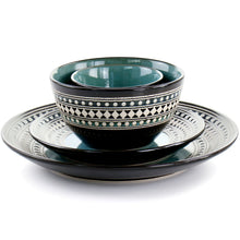 Blue sage stoneware double bowl stacked with patterned dinner plate and serving plate