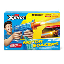 Motorized water blaster retail box in blue and orange with XSHOT branding