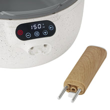 Electric skillet control panel with digital temperature display and detachable wood handle