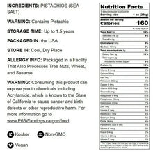 Nutrition Facts and ingredient panel for pistachios with kosher and vegan icons