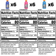 Gatorade Thirst Quencher nutrition facts panels for grape, strawberry, and berry