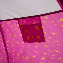 Purple twin bed tent side window with yellow star pattern and dark maroon interior panel