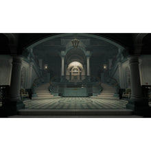 PS5 game scene of a dim stone hall with stairs, arches, and central platform.