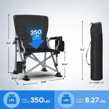 Black folding camping chair with cup holder and side armrests, plus tall carry bag.