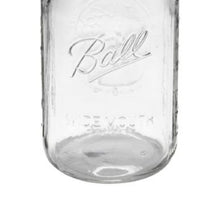 Glass quart mason jar with embossed Ball logo, clear bottom and base