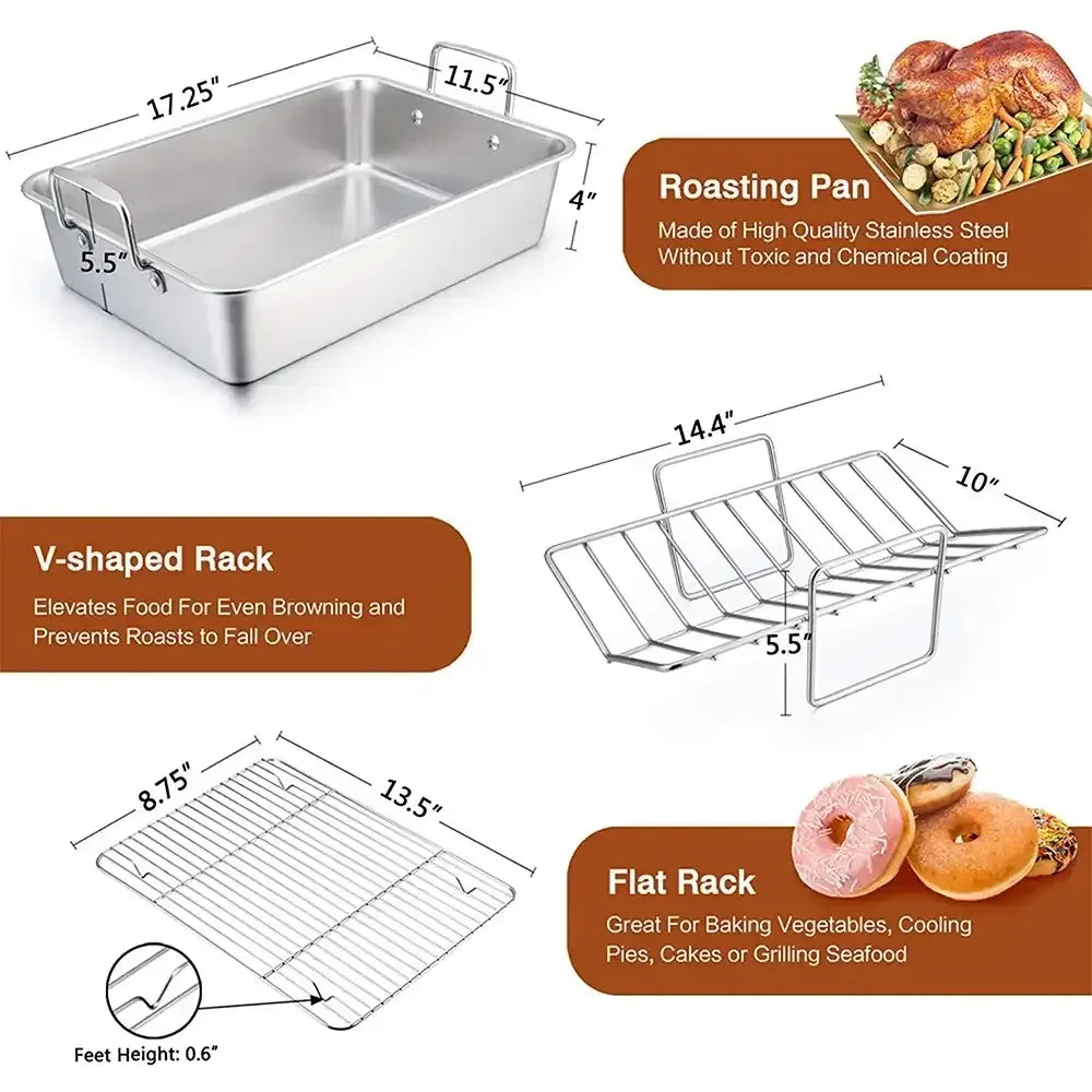 VeSteel 16'' x 11.5'' Roasting Pan with Rack, Stainless Steel Turkey Roaster Include Deep Lasagna Pan & V-Shaped Rack & Roasting Rack, Heavy Duty & Dishwasher Safe - USA MEGA SHOP