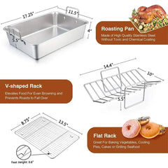 VeSteel 16'' x 11.5'' Roasting Pan with Rack, Stainless Steel Turkey Roaster Include Deep Lasagna Pan & V-Shaped Rack & Roasting Rack, Heavy Duty & Dishwasher Safe - USA MEGA SHOP