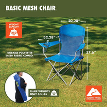 Blue mesh camping chair with cupholder and side table, folding steel frame