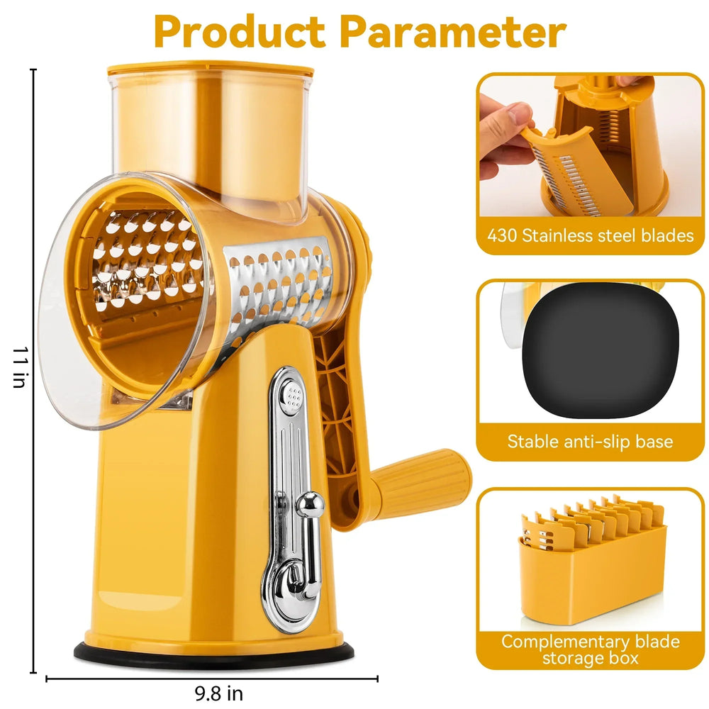 Pukomc Rotary Cheese Grater with Handle- 5 Blades, Suction Base, Mandoline Slicer & Veg Shredder with Blade Storage Box - USA MEGA SHOP