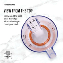 Clear top view citrus juicer with orange cone insert and easy-read measurement panel