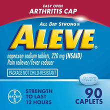 Easy-open arthritis caplets bottle front with ALEVE brand and 90 caplets