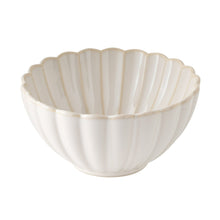 Cream ceramic cereal bowl with scalloped rim and vertical fluted pattern