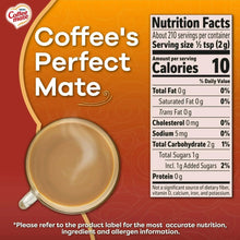 Coffee creamer nutrition facts panel with serving size and calorie information