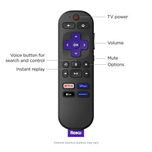 Black Roku voice remote with volume, mute, options, and TV power buttons