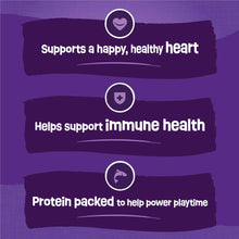 Dry cat food bag panel: happy heart, immune health, protein for playtime