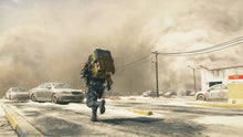 PS5 action game screenshot of a robot walking on a street with vehicles