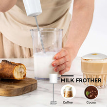 Milk frother attachment on immersion blender, frothing in a cup