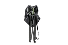 Folded camp chair with attached carry straps, black fabric cover, compact frame