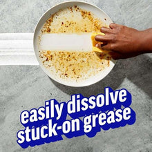 Dishwashing cleaner promo graphic showing plate with grease and hand scraping