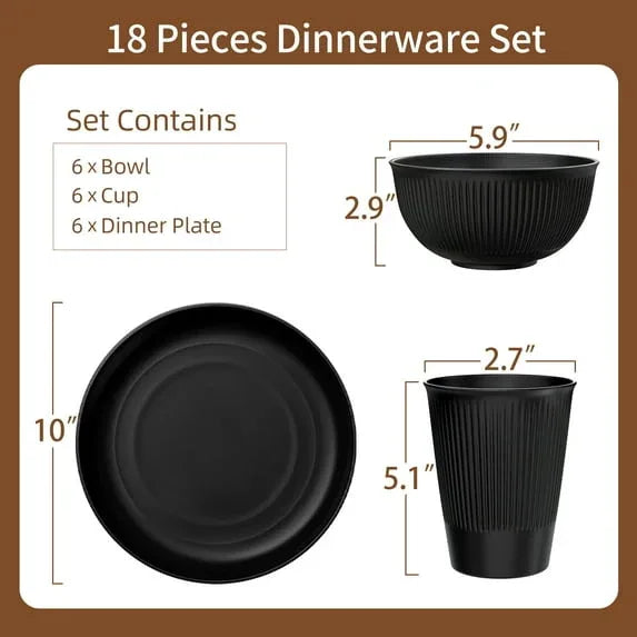 TINANA Wheat Straw Dinnerware Sets, Service for 6, 18 PCS Unbreakable Plastic Dinnerware, Freezer Dishwasher Safe - Beige