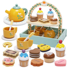 Wooden tea party play set with yellow teapot, arched tray, cups, and cake pieces