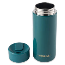 Teal stainless coffee tumbler with open top and flip lid beside it