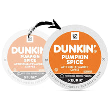 Keurig Pumpkin Spice pod seals with Dunkin branding and hot/cool before peeling icons
