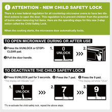 Microwave child safety lock instruction label with step-by-step diagrams