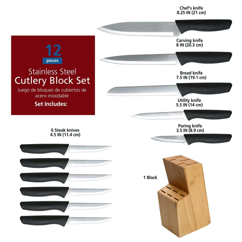 Mainstays 12 Piece Cutlery Set with Soft Grip Handles and Bamboo Storage Block - USA MEGA SHOP