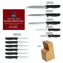 12-piece knife set with stainless blades and black handles in bamboo block.