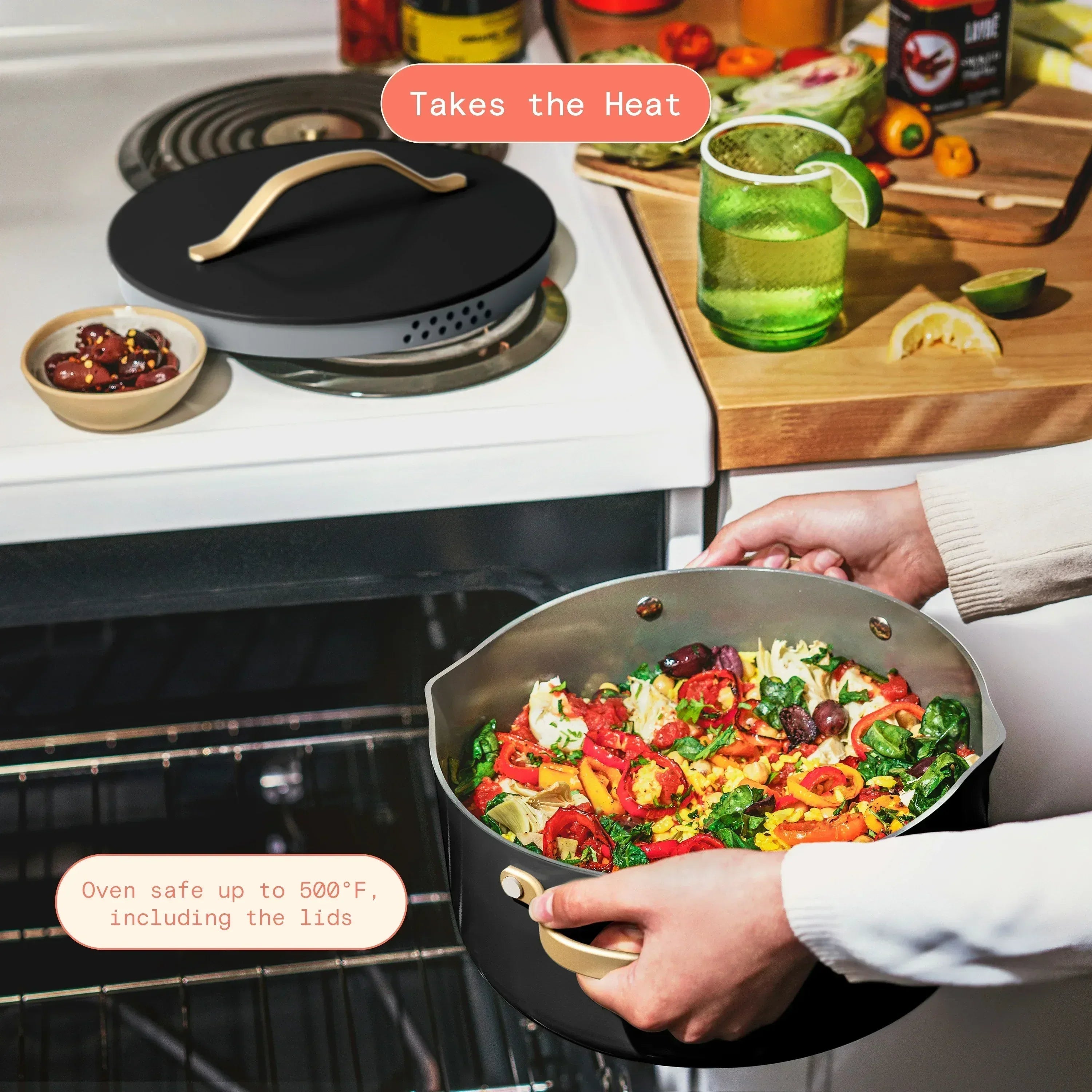 Beautiful 12-Piece Ceramic Nonstick Cookware Set, Pots and Pans with Strainer Lids, Black Sesame by Drew Barrymore