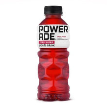 Powerade Zero Fruit Punch sports drink bottle, red liquid, black cap