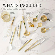 White and gold silicone kitchen utensils with measuring cups and spoons