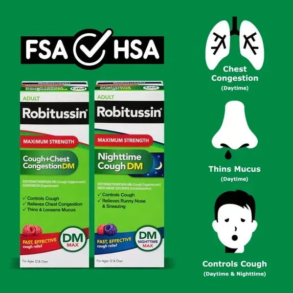 Robitussin Maximum Strength Cough + Chest Congestion DM & Nighttime Cough DM, Berry Flavor, 4 fl oz Bottles (Pack of 2)