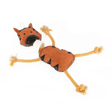 Brown plush rope chew toy with stitched animal shapes and dangling knotted rope ends