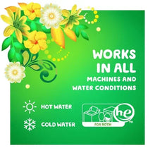 Green Gain laundry detergent marketing card saying works in all machines and water conditions