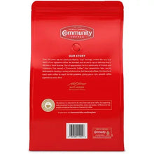 Medium roast ground coffee bag, red back panel with text and barcode
