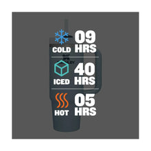 Thermal hours chart graphic: 60 cold, 40 iced, and 05 hot hours on a tumbler