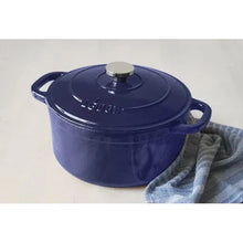 Indigo blue enameled Dutch oven with round knob lid and side loop handles