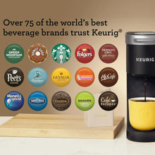 Black Keurig K-Mini single serve coffee maker with yellow mug and brewed cup