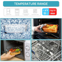Clear glass storage containers with snap lids shown for freezer and oven use