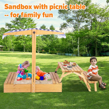 Wooden sandbox with picnic table and striped canopy for kids outdoor play