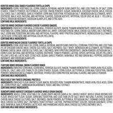 Ingredient list for assorted mini snack chips, including wheat, milk, and soy
