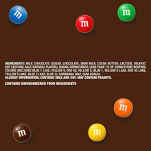 M&M milk chocolate ingredients panel with scattered colored candy icons