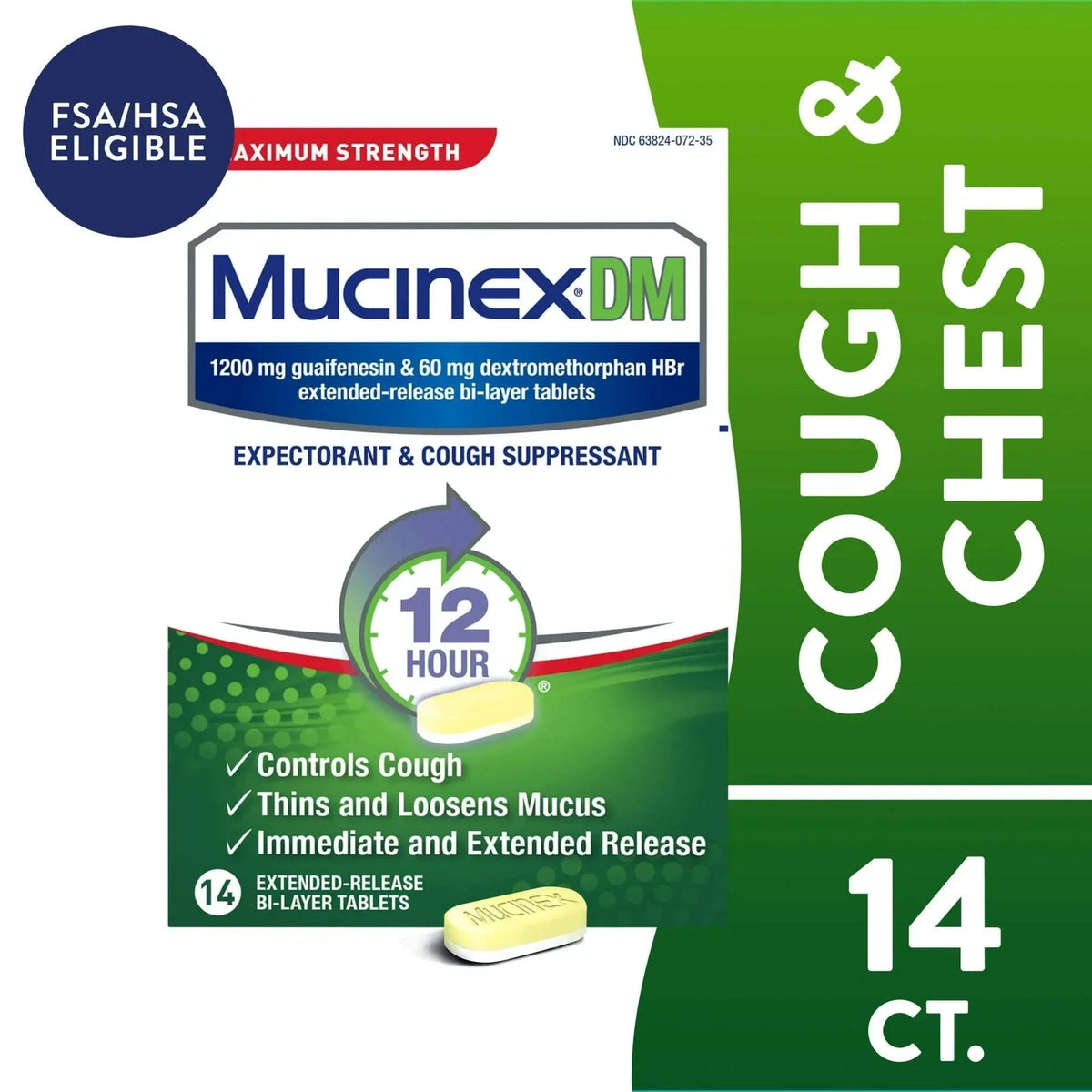 Mucinex DM 12-Hour Expectorant & Cough Medicine Tablets, 14 Count